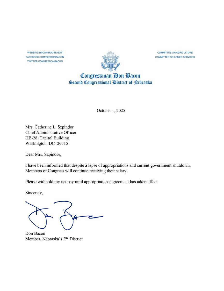 WOWT6News's tweet photo. JUST IN -- Congressman Don Bacon notified House administration to withhold his pay until an agreement can be made to reopen the federal government. https://t.co/uOKAfVGOT3