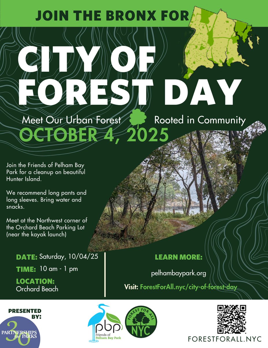 Join us this Saturday (10/04), and celebrate City of Forest Day with a clean up on Hunter Island! 10 am - 1 pm, wear long pants and long sleeves. 
If you're interested in other City of Forest Day events in the city, visit 
forestforall.nyc/city-of-forest…