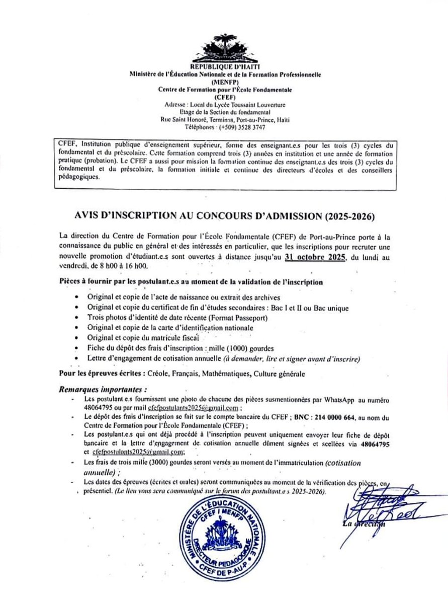 📢 Inscription au Concours d’Admission du CFEF (2025-2026) est ouverte !