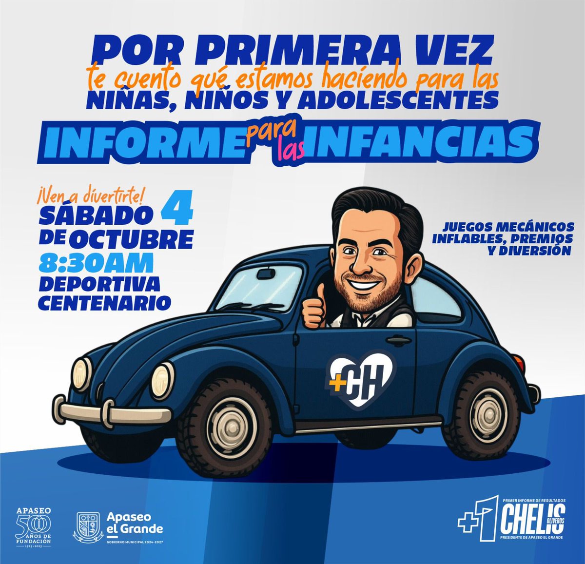 #Difusión 📌 #ApaseoElGrande 
Por primera vez,
Informe para las infancias.

Conoce las acciones de gobierno enfocadas en lo que más importa, nuestras niñas, niños y adolescentes.

¡Diviértete este 4 de Octubre!
8:30 - Deportiva Centenario