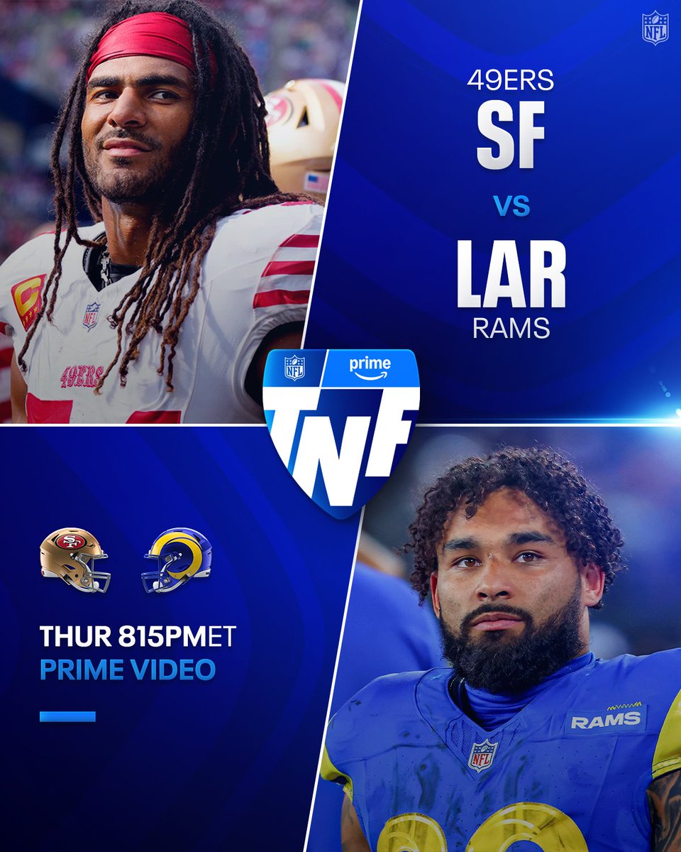 A crucial NFC West battle goes down tonight between the <a href="/49ers/">San Francisco 49ers</a> and <a href="/RamsNFL/">Los Angeles Rams</a> 🍿

SFvsLAR– 8:15pm ET on Prime Video
Also streaming on <a href="/NFLPlus/">NFL+</a>