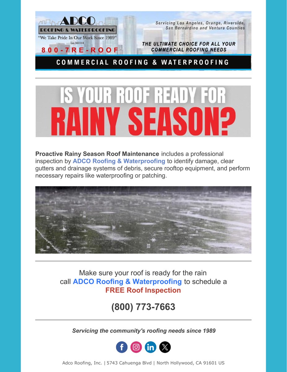 ADCORoofing's tweet photo. Is your roof ready for the rainy season? REMINDER to schedule a FREE roof inspection - call ADCO Roofing &amp; Waterproofing @ 800-773-7663 today! #adcoroofing #adcowaterproofing #roofinspection https://t.co/XaklAwatfV