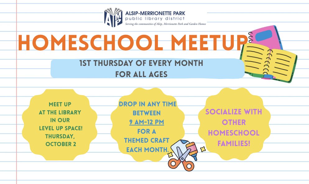 AlsipMP_Library's tweet image. NEW!!! Homeschool Meet-Up
Thursday, October 2 from 9am to 12pm
Families-all ages. Open to All. Drop in any time between 9 am–12 pm and check out our free themed craft each month. Socialize with other homeschool families while experiencing simple STEM/STEAM activities.