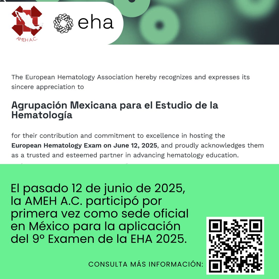 ContactoAmeh's tweet photo. ✨🇲🇽 El pasado 12 de junio de 2025, la AMEH A.C. participó por primera vez como sede oficial del 9º Examen Europeo de Hematología (EHA 2025), aplicado de forma simultánea en distintos países y ahora también en México.

👉 Conoce más aquí: https://t.co/NgQSz3MSpR

#AMEH #EHA https://t.co/kPDQYAgWjM
