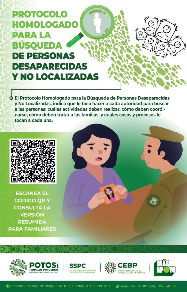 SSPC_SLP's tweet photo. ✅¿Sabes qué es el Protocolo Homologado para la Búsqueda de Personas Desaparecidas y No Localizadas?
👉Escanea el siguiente código QR para obtener una versión resumida.
🗓La #CEBP tiene una guardia con atención las 24 horas del día, los siete días de la semana.
☎️(444) 192 48 80 https://t.co/YkXjmhPBzW