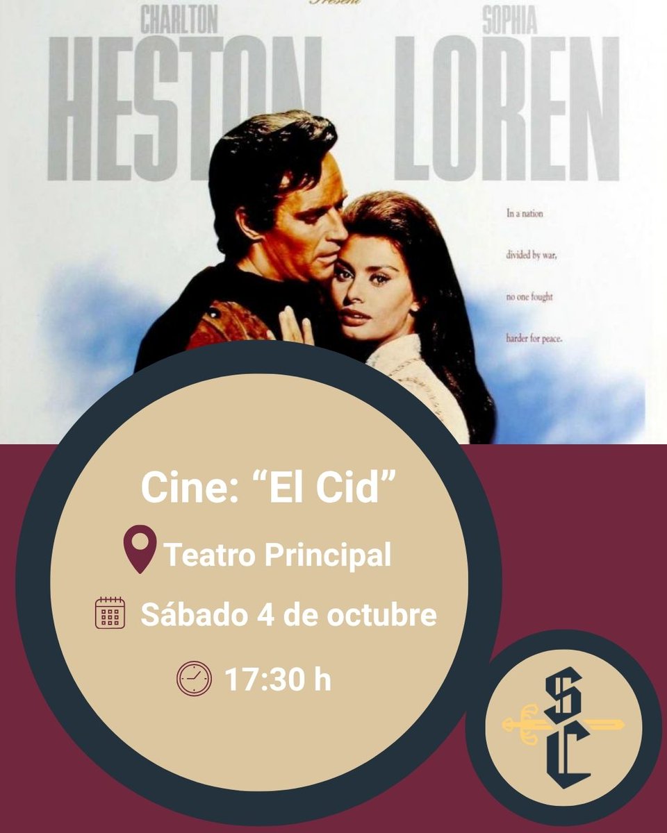 El sábado 4 de octubre podremos disfrutar de la película "El Cid" en pantalla grande.

La proyección tendrá lugar en el Teatro Principal. 

📍Invitaciones: caseta de información de la Semana Cidiana . Paseo del Espolón
🕗 10:00 h a 14:00 h y de 16:00 h a 20:00 h .
#SomosCidianos