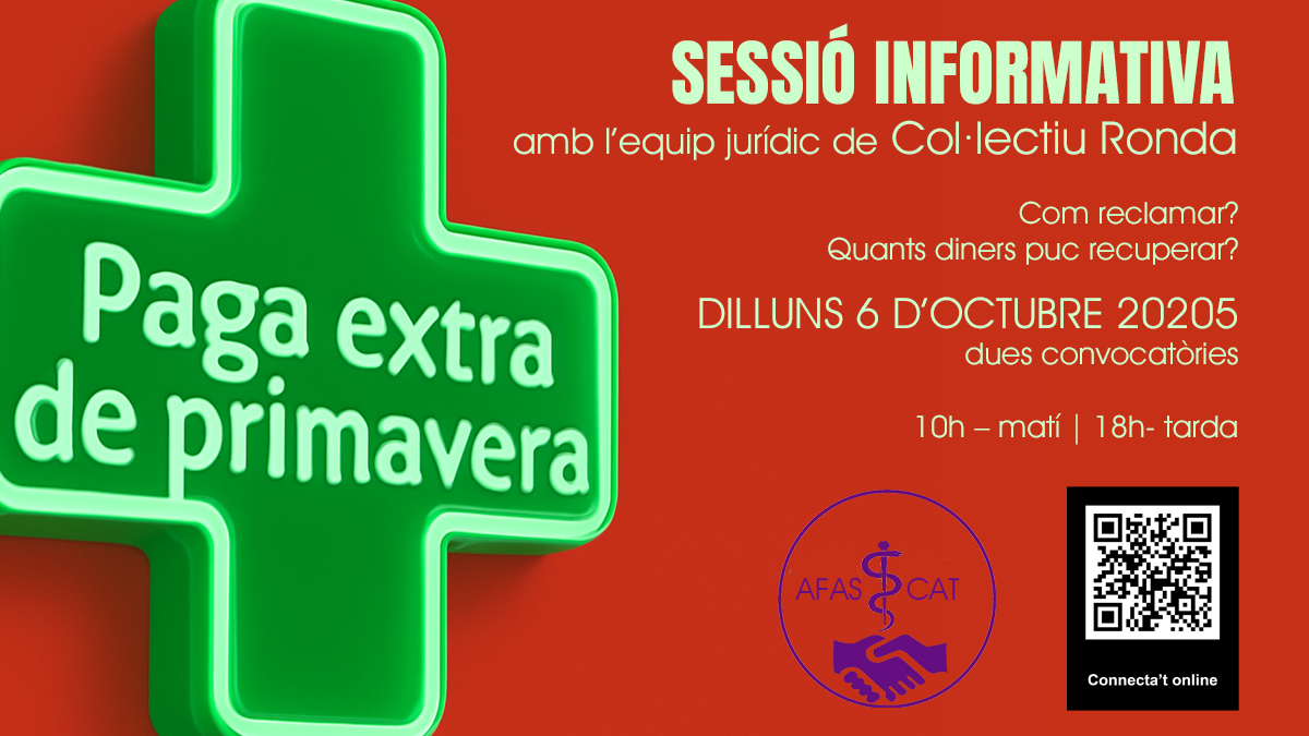 El proper dilluns, sessió informativa online adreçada als treballadors de farmàcies de Barcelona per explicar tots els detalls i com procedir en relació a la sentència del TSJC sobre la paga extra de primavera