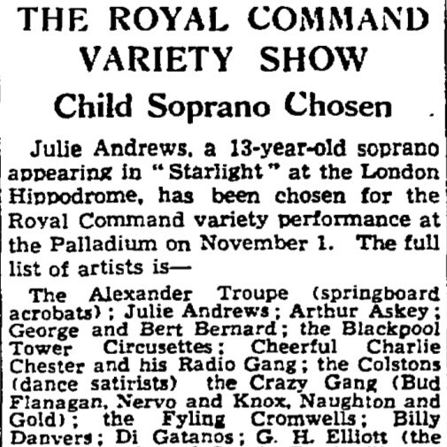 Happy birthday to Dame Julie Andrews, 90 today! In 1948, at the age of 13, she was already on her way to becoming a star, as reported in The Guardian.