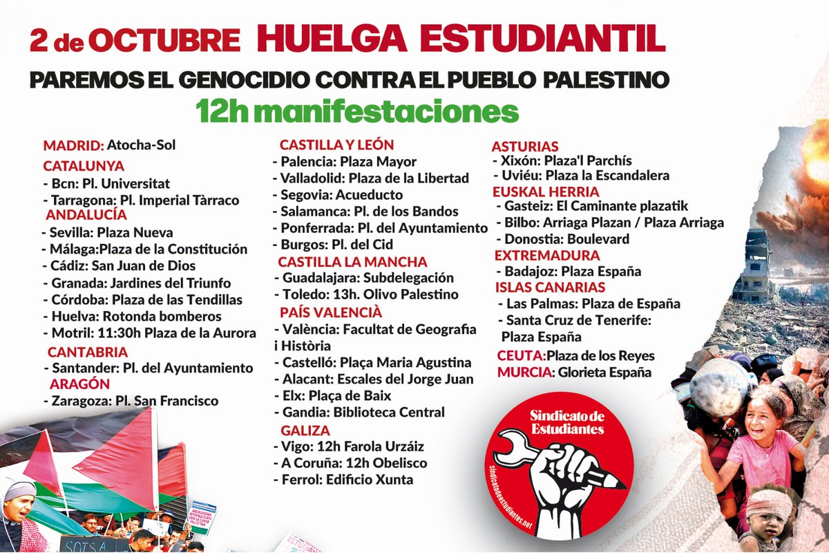🧵HILO 🇵🇸MAÑANA PARAMOS LAS CLASES POR PALESTINA 

👊🏽 Llenamos las calles en solidaridad con el pueblo palestino 

‼️MANIFESTACIONES A LAS 12H

¡Consultalas aquí!👇🏽👇🏽👇🏽