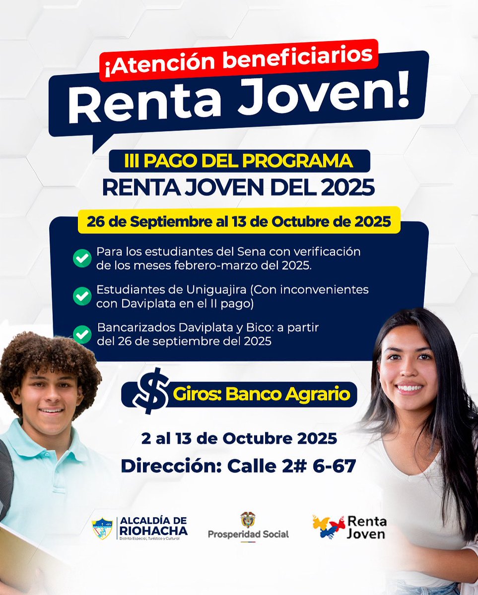 ¡Nuestros jóvenes siguen recibiendo el apoyo que merecen!
Ya está disponible el III pago del programa Renta Joven 2025, un beneficio que impulsa sus metas y respalda su esfuerzo académico.