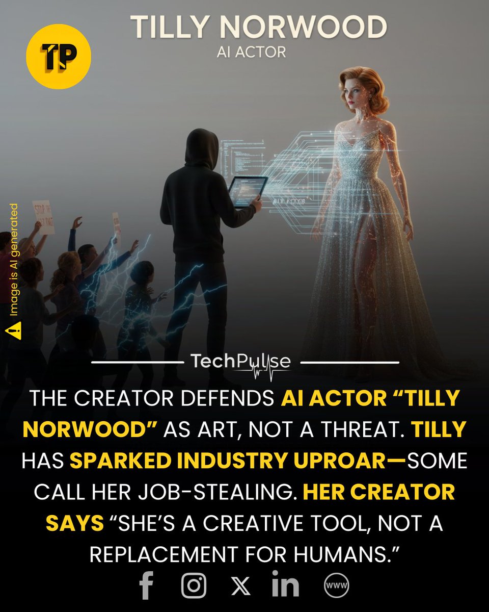 techpulse108's tweet image. The AI-generated actor Tilly Norwood has ignited a controversy in entertainment. Her creator, Eline Van der Velden of Particle6, claims Tilly is a “piece of art”
#AIActor #TillyNorwood #DigitalArt #AIinEntertainment #CreatorRights #ArtOrThreat #EthicalAI #FutureOfActing