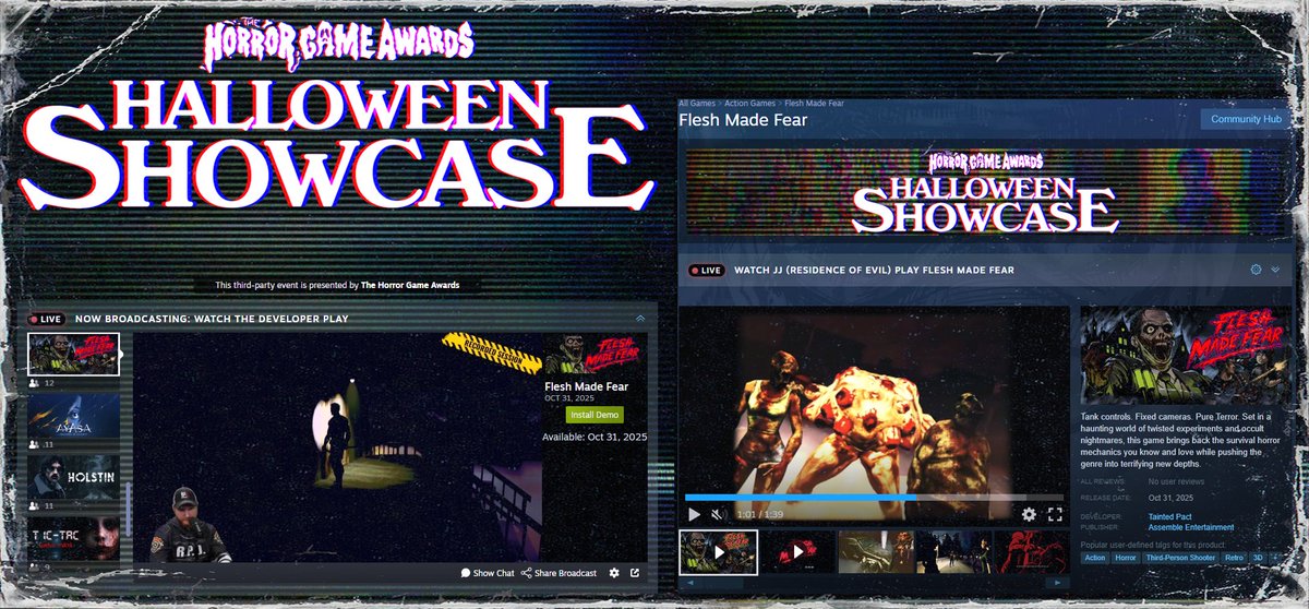 Flesh Made Fear is part of the Horror Game Awards Halloween Showcase right now, along with a ton of other dope indie horror games!  <a href="/ResiEvilCentral/">Will | Horror Game Awards</a> and <a href="/HorrorGameAward/">The Horror Game Awards</a> did a great job with the event! It keeps getting better and better. 
Link to event in comments⬇️

#indiegame