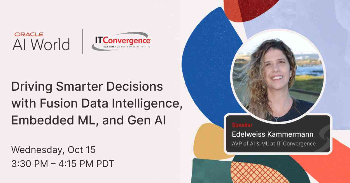 IT_Convergence's tweet image. Don&apos;t miss our high-impact session at Oracle AI World 2025 - Driving Smarter Decisions with Fusion Data Intelligence, Embedded ML, and #GenAI.

Presented by @EdelweissK, AVP of AI/ML at IT Convergence &amp;amp; Oracle ACE Director

Oct 15 | 3:30 PM PDT

itconvergence.com/oracle-ai-worl…

#AIWorld