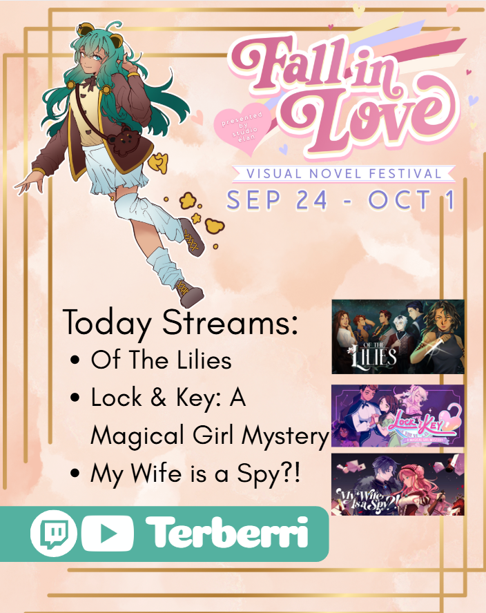 Terberri's tweet photo. Last day of #FallinLoveFestival! Today's line up: @startris_studio's #OfTheLilies, #StudioElan #LockandKey, and Transparent Game's My Wife is a Spy. I am excited to check out these demos today! @HikaruKamiVT will be dropping in. :3
๐๏ธ: Oct 1st at 1pm PST
Twitch .tv/terberri https://t.co/XYtbRmrN7k