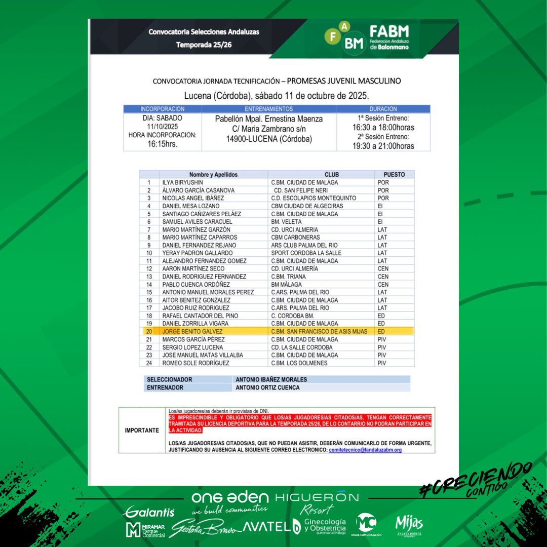 💚𝐉𝐎𝐑𝐍𝐀𝐃𝐀 𝐓𝐄𝐂𝐍𝐈𝐅𝐈𝐂𝐀𝐂𝐈𝐎́𝐍🤍

🚀Seguimos con las jornadas de tecnificación promesas, que se celebrará en Lucena el próximo 11 de octubre en una doble sesión de entrenamiento.

¡ENHORABUENA A TODOS!
¡ORGULLO MIJEÑO!

#creciendocontigo❤️🖤