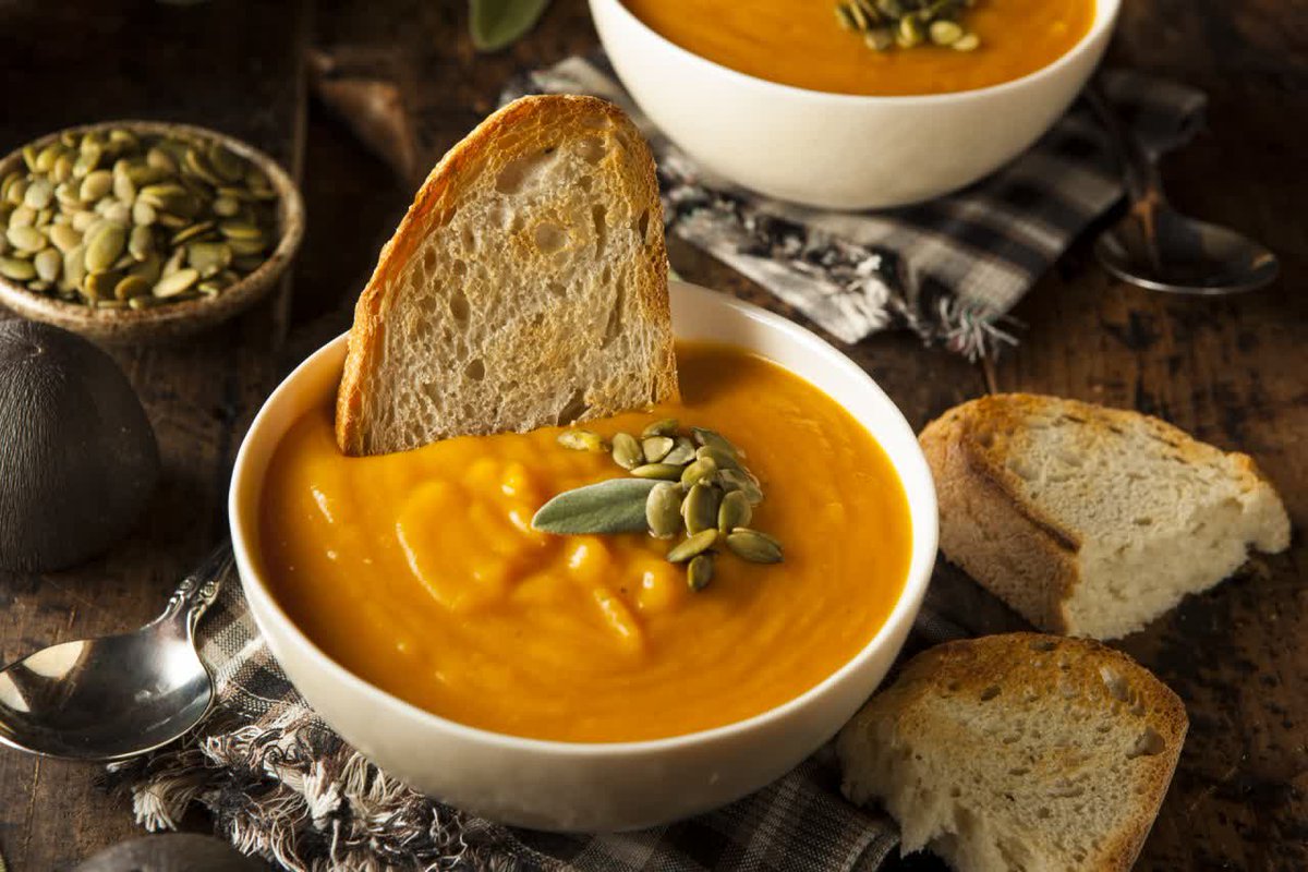 It's that kind of day.

BUTTERNUT SQUASH SOUP

SERVES 8

YOU'LL NEED
3 pounds butter nut squash, peeled and medium dice
1 stick butter
2 white onions medium diced
1 cinnamon stick
2 tbsp yellow curry
3 tbsp coconut milk
6 cups chicken stock
3 tbsp toasted pumpkin seeds

MAKE IT