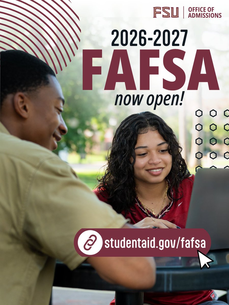 📢 The 2026-2027 FAFSA is now open!

📌 Complete the FAFSA and complete it early! This is your chance to get the best possible financial aid package for the 2026–2027 academic year.

🔗 Explore the Financial Aid Guide here: bit.ly/4mIANrm

#FSU30 #NewNole