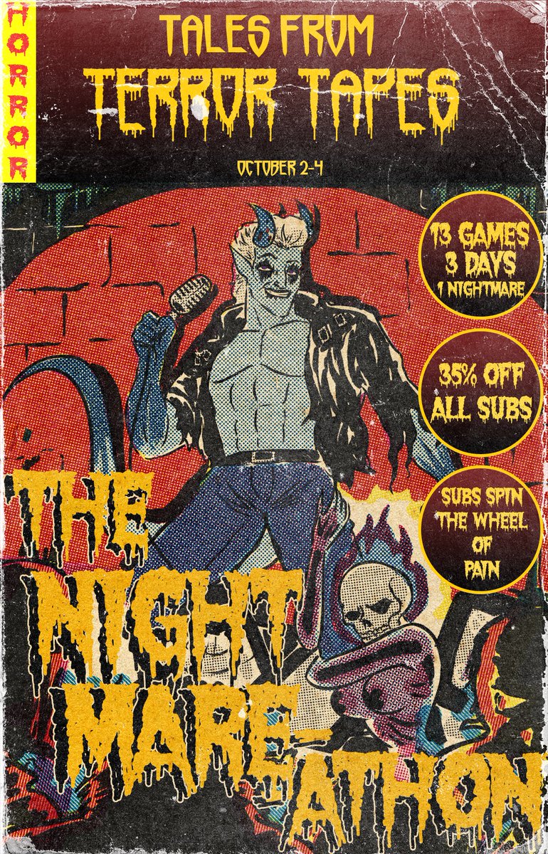 📺OCT 2nd - 4th📺
NIGHTMARE-ATHON
35% off all subs

3 days to beat 13 HORROR GAMES.
- 35% off ALL subs
- Subs spin a wheel that makes me drop weapons, reload saves, or worse.
If I fail? 

You pick the game for Halloween!!!
Games I've avoided until now like FNAF, GARTEN OF BAN BAN