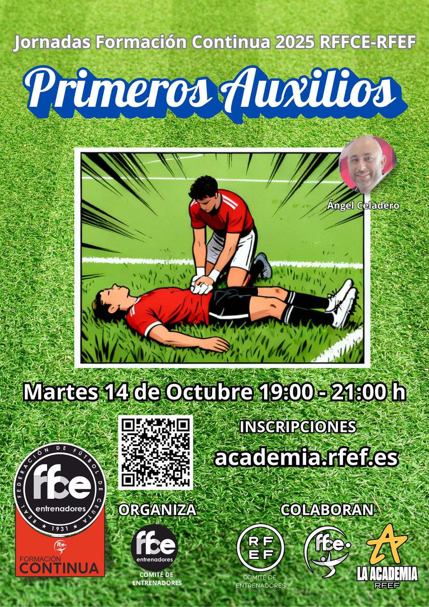FedFutbolCeuta's tweet photo. 📚 FORMACIÓN EN OCTUBRE 📚

🗓 14 OCT → Primeros Auxilios y RCP con Ángel Celadero
🗓 28 OCT → Actualización en Reglas de Juego (Fútbol y Futsal)
✅ Gratis + Certificado
💻 Inscripción en 👉 https://t.co/3h0wXrMEw0

#RFFCE #Ceuta #Entrenadores https://t.co/OwYYnyB0kF