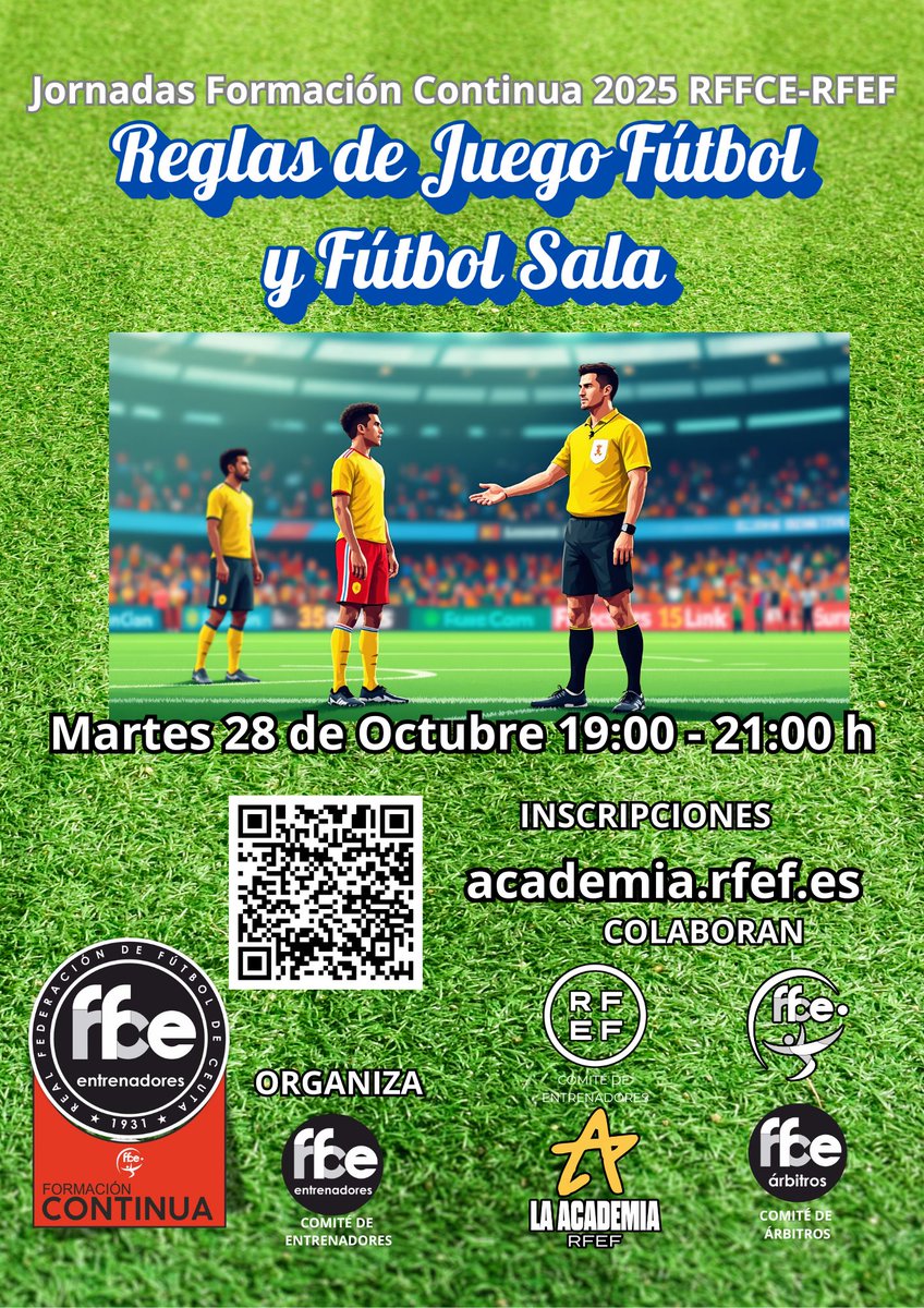 📚 FORMACIÓN EN OCTUBRE 📚

🗓 14 OCT → Primeros Auxilios y RCP con Ángel Celadero
🗓 28 OCT → Actualización en Reglas de Juego (Fútbol y Futsal)
✅ Gratis + Certificado
💻 Inscripción en 👉 academia.rfef.es

#RFFCE #Ceuta #Entrenadores