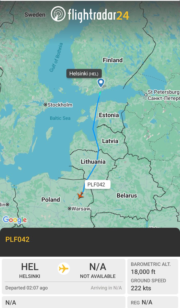OSINTMilTracker's tweet photo. What the hell is that for a flight out of Helsinki, Finland — now over eastern Poland, where a drone infiltration has been reported from Belarus?
#PLF042: https://t.co/KgVyxlYHtn https://t.co/zKGwExyH14
