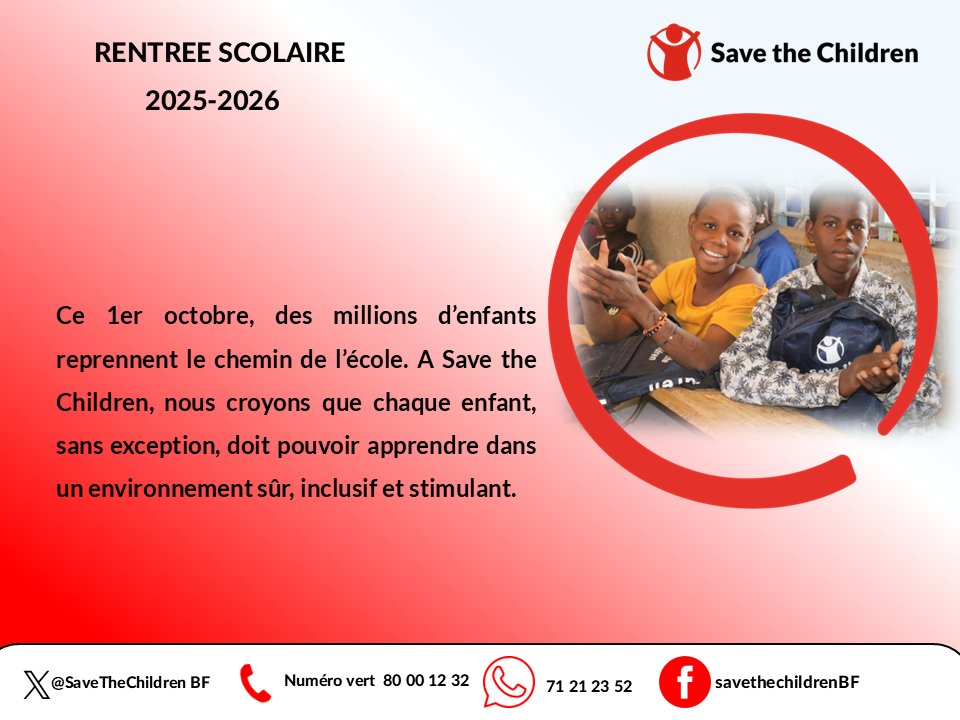 SaveChildrenBF's tweet image. Rentrée 2025-2026 | Chaque enfant a droit à une éducation inclusive et de qualité.
Avec #SaveChildrenBF, réaffirmons :
✔ L’accès à l’école pour les plus vulnérables
✔ Des espaces sûrs et protecteurs
 #RentréeScolaire #EducationPourTous