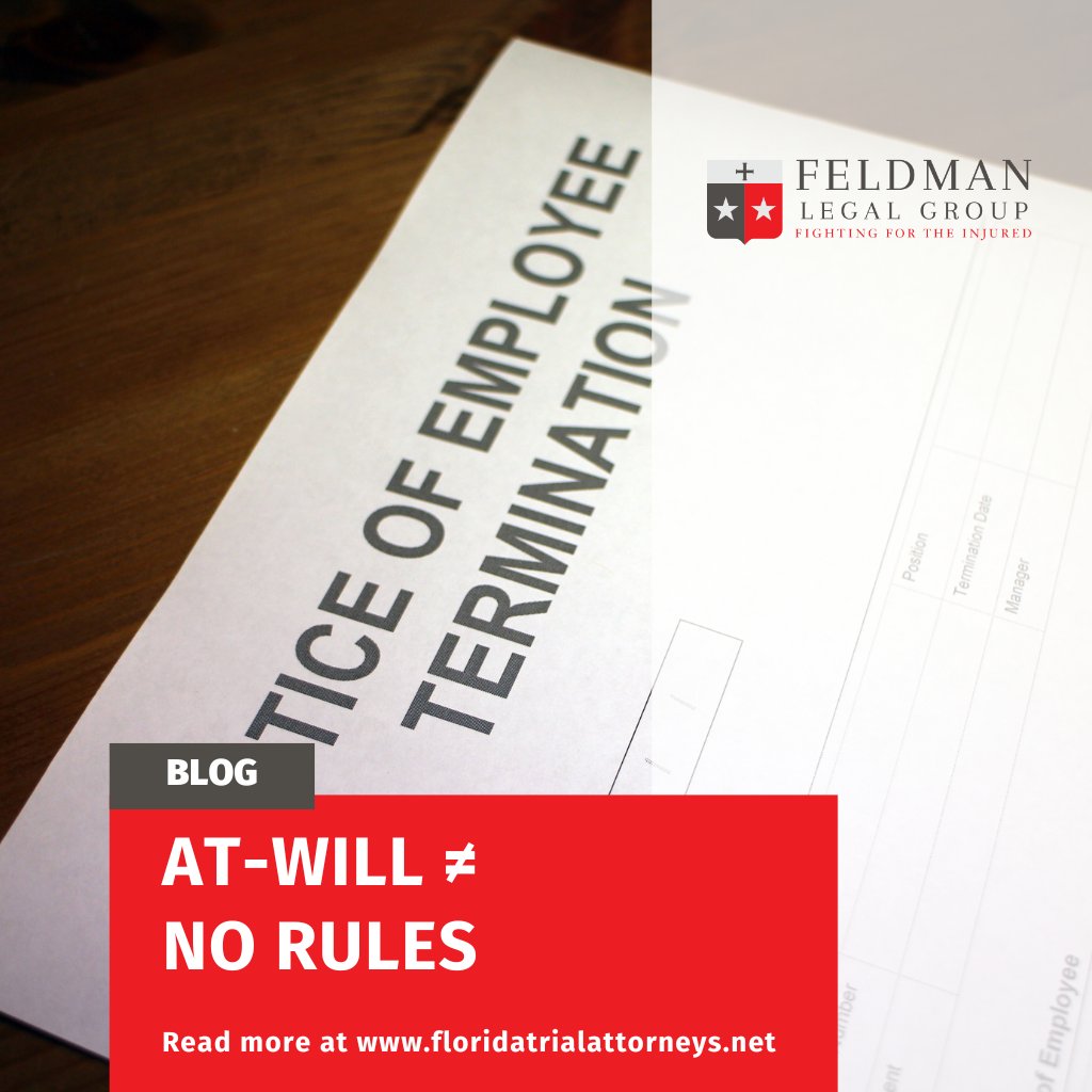 Feldman_Legal_'s tweet photo. “At-will” doesn’t mean “anything goes.” If you’re fired for discriminatory or retaliatory reasons, that’s wrongful termination—period. https://t.co/NNxRTXLnZk #WrongfulTermination #AtWill #EmploymentLaw #Florid https://t.co/9l0ri2jVEI