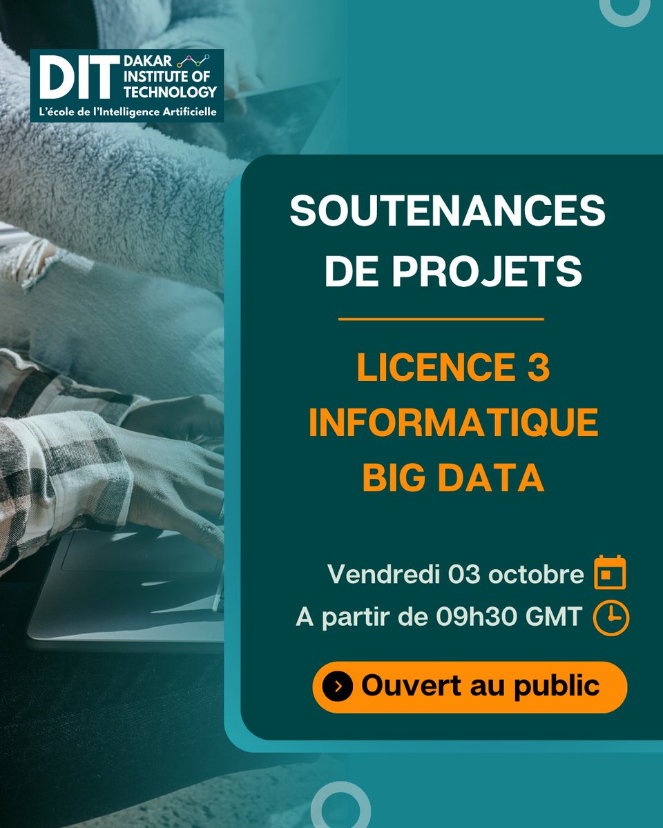 DITSenegal's tweet image. [#Présentation / #Projet / #Licence ]
Nos étudiants de Licence 3 Informatique Big Data vous donnent rendez-vous pour la dernière vague de présentations de leurs projets de fin d’année, ce vendredi 03 octobre à partir de 09h30 GMT au Dakar Institute of Technology.

Ces
