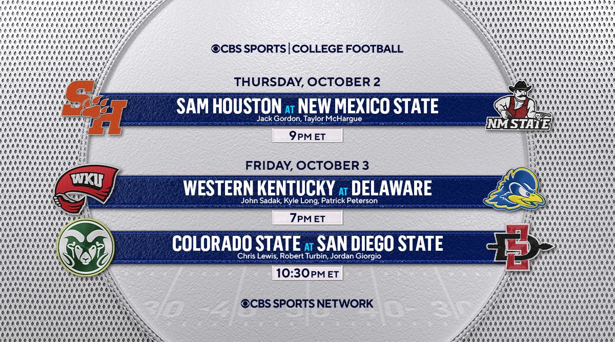 CBS Sports PR (@cbssportsgang) on Twitter photo Thursday night on <a href="/CBSSportsNet/">CBS Sports Network</a>:
<a href="/BearkatsFB/">Sam Houston Football</a> at <a href="/NMStateFootball/">New Mexico State Football</a>
<a href="/JackGordonJG/">Jack Gordon</a>, <a href="/TMcHargue16/">Taylor McHargue</a>
 
Friday night:
<a href="/WKUFootball/">WKU Football</a> at <a href="/Delaware_FB/">Delaware Football</a>
<a href="/johnsadak/">John Sadak</a>, <a href="/Ky1eLong/">kyle</a>, <a href="/P2/">Patrick Peterson /P2</a>
 
<a href="/CSUFootball/">Colorado State Football</a> at <a href="/AztecFB/">San Diego State Football</a>
<a href="/ChrisLewisTweet/">Chris Lewis</a>, <a href="/RobertJTurbin/">Robert “Turbo” Turbin</a>, <a href="/jordangiorgio/">Jordan Giorgio</a> Thursday night on <a href="/CBSSportsNet/">CBS Sports Network</a>:
<a href="/BearkatsFB/">Sam Houston Football</a> at <a href="/NMStateFootball/">New Mexico State Football</a>
<a href="/JackGordonJG/">Jack Gordon</a>, <a href="/TMcHargue16/">Taylor McHargue</a>
 
Friday night:
<a href="/WKUFootball/">WKU Football</a> at <a href="/Delaware_FB/">Delaware Football</a>
<a href="/johnsadak/">John Sadak</a>, <a href="/Ky1eLong/">kyle</a>, <a href="/P2/">Patrick Peterson /P2</a>
 
<a href="/CSUFootball/">Colorado State Football</a> at <a href="/AztecFB/">San Diego State Football</a>
<a href="/ChrisLewisTweet/">Chris Lewis</a>, <a href="/RobertJTurbin/">Robert “Turbo” Turbin</a>, <a href="/jordangiorgio/">Jordan Giorgio</a>