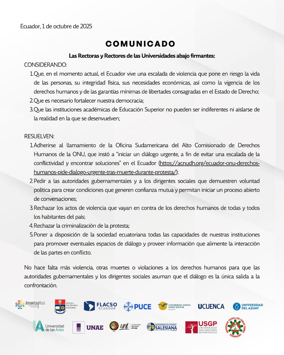 🔵COMUNICADO🔵
Pronunciamiento de universidades ante la situación nacional.
Las universidades firmantes nos adherimos al llamado al diálogo hecho por ACNUDH, exhortamos que cese la violencia y se respeten los derechos humanos.

<a href="/uamawtaywasi/">Universidad Amawtay Wasi</a> <a href="/EPNEcuador/">EPNEcuador</a> <a href="/FLACSOec/">FLACSO Ecuador</a> <a href="/PUCE_Ecuador/">PUCE Ecuador</a>