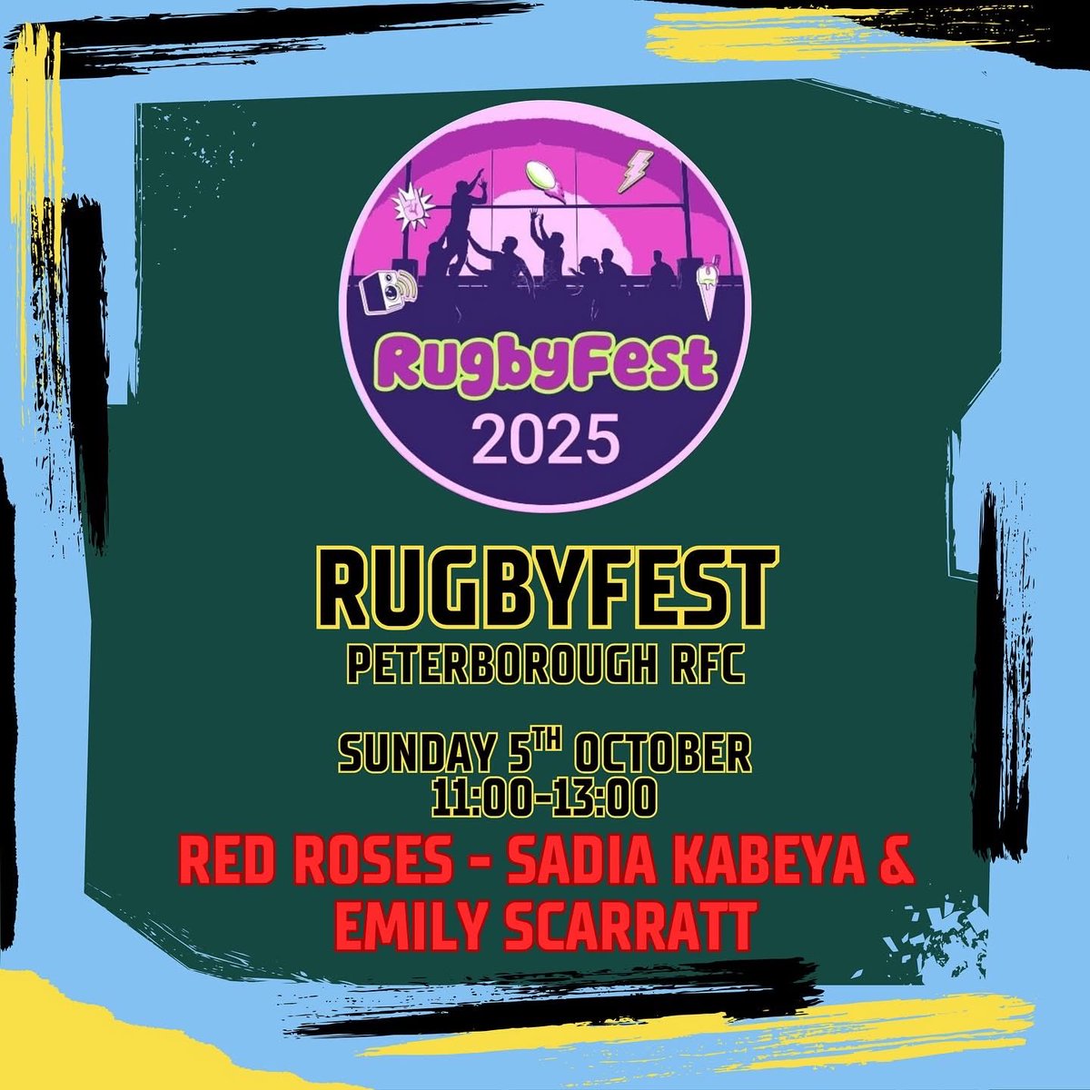 EastMidsRugby's tweet image. 🏆 RUGBYFEST 2025 🌹

Following the success of the @redrosesrugby, RugbyFest is coming to @PRUFC Peterborough Rugby Club

RugbyFest on Sunday 5th October 2025, 11.00 - 13.00.

We will be joined by World Cup Player of the Match, @SadiaKabeya &amp;amp; 2x World Cup Winner, @EmilyScarratt