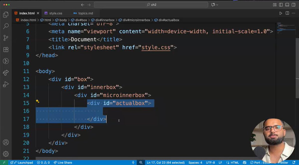 EshaKar001's tweet image. X (Twitter Post – Short &amp; Technical)
Day-12 Learnings 💻
🔹 Nested &lt;div&gt; practice (box → innerbox → microbox → actualbox)
🔹 Structuring HTML cleanly
🔹 Styling hierarchy with CSS
One step closer to mastering layouts 🚀
@sheryians_ @sarthacksharma
#Coding #CSS #htmlcss