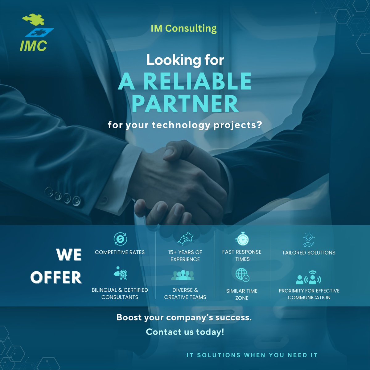 IMCItSolutions's tweet image. 🔎 Looking for a reliable partner for your tech projects?
We offer:
💡 15+ years experience
✅ Competitive rates
✅ Bilingual &amp;amp; certified consultants
✅ Fast &amp;amp; effective communication

🚀 Boost your company and take the next step to success!
🌐 imconsultingltd.com