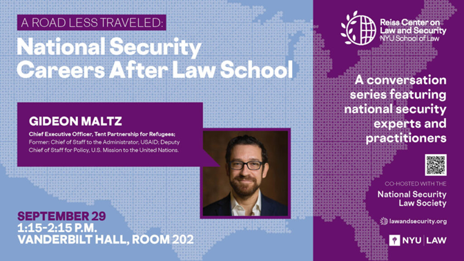 RCLS_NYU's tweet photo. We were honored to kick off this year’s #RoadLessTraveled conversation series by welcoming Gideon Maltz, Chief Exec Officer @TentOrg and fmr NSC Director of Human Rts & Multilateral Affairs.
Our series provides @nyulaw students a view into the diverse world of #natsec careers. https://t.co/z1jBt2Swva