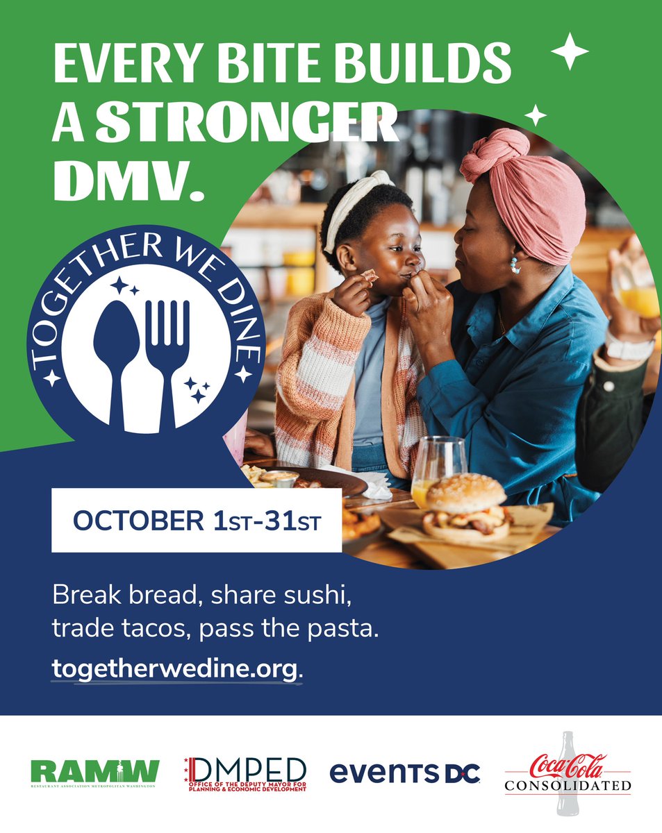 RAMWdc's tweet image. Breaking bread. Sharing sushi. Trading tacos. Passing pasta. 🍞🍣🌮🍝

Whatever tickles your tastebuds, something special happens when we gather to eat. 

#TogetherWeDine officially begins today and you’re invited to a month-long celebration of food, connection, and the DMV…