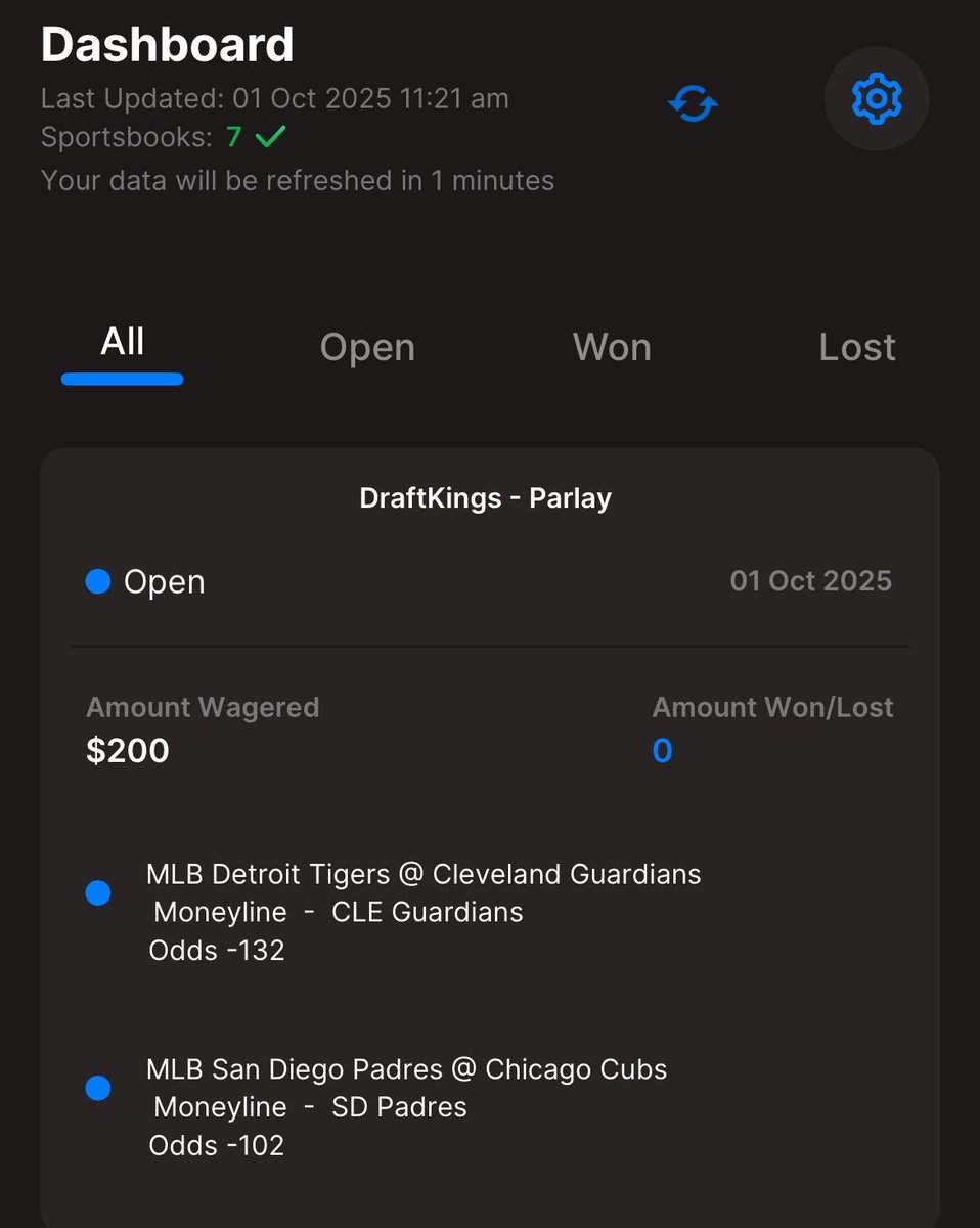myBetLocker's tweet photo. We are now 47-52 for the year after Dodgers -1.5 won late last night (see the mBL screenshot). Today we are going to parlay Cleveland &amp; San Diego (+248 on DK - see screenshot). Download @mybetlocker to track &amp; analyze your bets - see screenshot of our myBetLocker dashboard. https://t.co/ntcepVjwAg