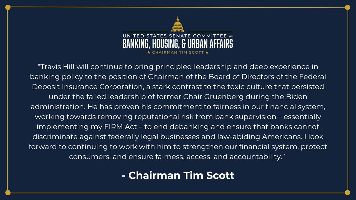 👏 Congratulations to Travis Hill on his @FDICgov nomination.

We look forward to seeing the FDIC continue working to right-size regulation and advance policies that protect access and fairness in the banking system.