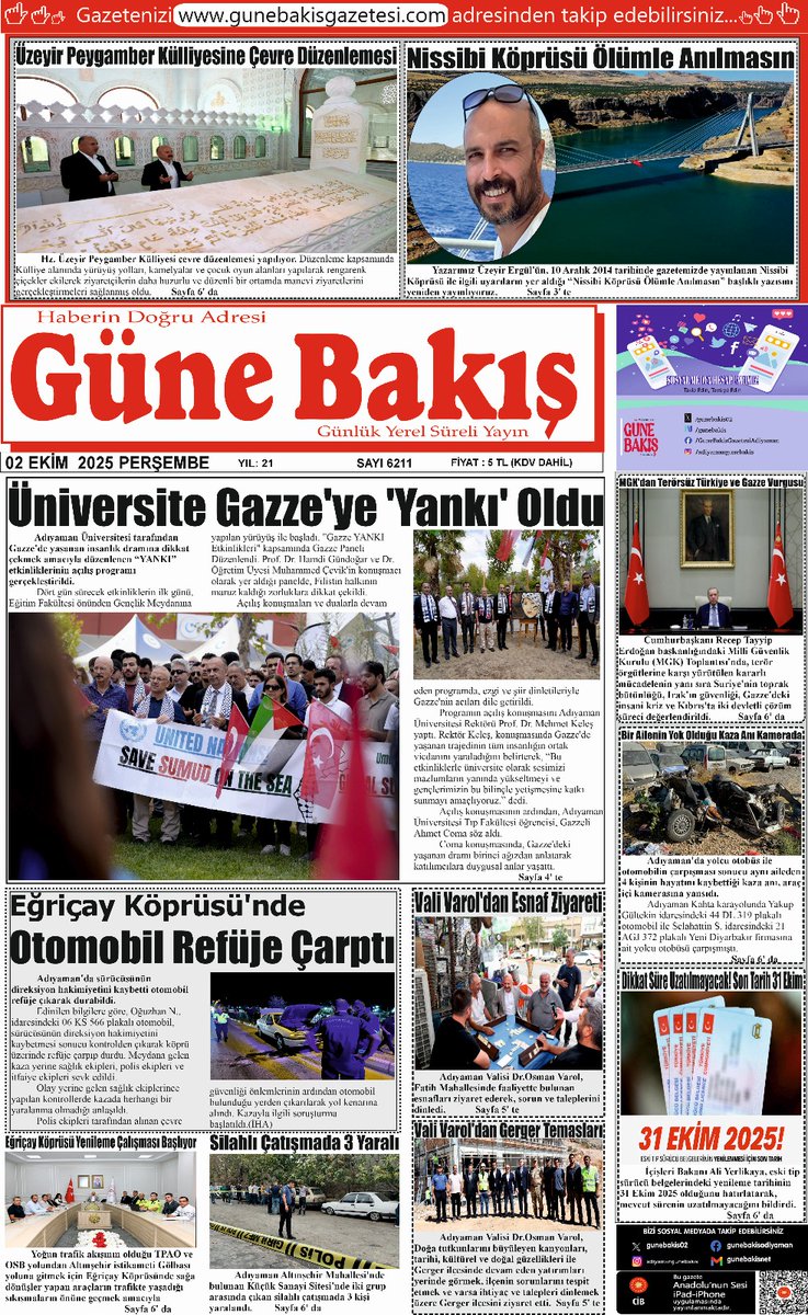 01 Ekim 2025 tarihli
Güne Bakış Gazetesi

Gazetemizin tamamını okumak için satın alabilir, abone olabilir veya gazetemizin web sitesinde tüm sayfalarını orijinal haliyle okuyabilirsiniz...
Güne Bakış Gazetesi Arşivi İçin Tıklayınız
👇
gunebakisgazetesi.com/arsiv
#gazete #adıyaman