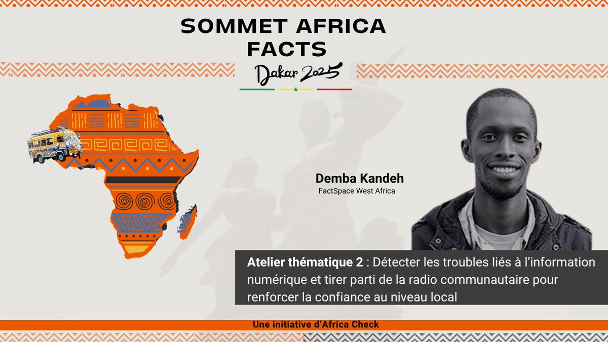Africa Check_Fr (@africacheck_fr) on Twitter photo 🔎 Deuxième série d’ateliers thématiques au #AfricaFactsSummit2025
👉 Vérifier l’audio & deepfakes – <a href="/petit_ecolier/">Fotso Fonkam</a> (<a href="/Code4Africa/">Code for Africa</a>)
👉 Radio communautaire & confiance locale – <a href="/D_Kandeh/">Demba Kandeh</a> (<a href="/FactspaceWA/">FactSpace</a> )
👉 Désinformation, vulnérabilités sociales & communication publique – Dr 🔎 Deuxième série d’ateliers thématiques au #AfricaFactsSummit2025
👉 Vérifier l’audio & deepfakes – <a href="/petit_ecolier/">Fotso Fonkam</a> (<a href="/Code4Africa/">Code for Africa</a>)
👉 Radio communautaire & confiance locale – <a href="/D_Kandeh/">Demba Kandeh</a> (<a href="/FactspaceWA/">FactSpace</a> )
👉 Désinformation, vulnérabilités sociales & communication publique – Dr