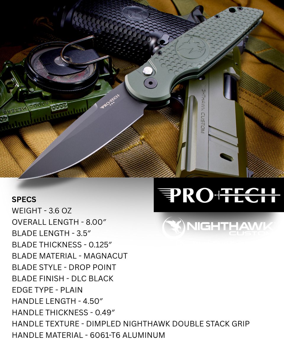 NighthawkCustom's tweet image. NEW AUTO // The Nighthawk Custom ProTech TR-3 in O.D. Green // This exclusive version of ProTech’s proven TR-3 has Nighthawk’s Moonhawk logo milled into an anodized O.D. green handle // The handle’s dimpled texture replicates what you’d find on a Nighthawk double stack 1911 grip