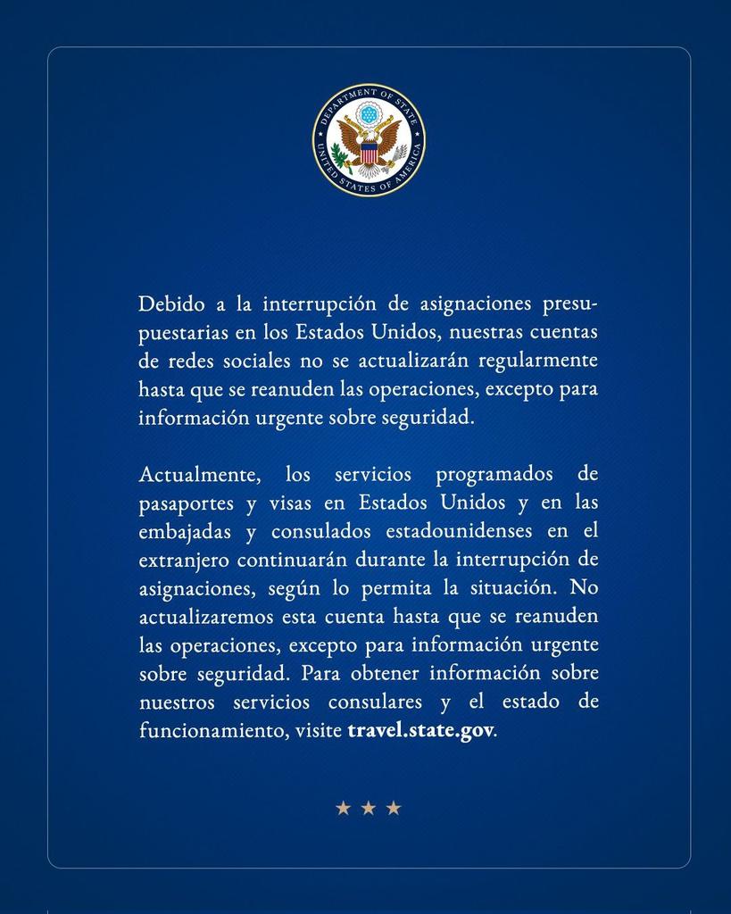 gusalejandro4's tweet photo. @carlaangola @SecRubio Debido a la interrupción en las asignaciones presupuestarias al gobierno federal de los EE.UU., esta cuenta no se actualizará regularmente hasta que se reanuden completamente las operaciones, excepto en casos de información urgente relacionada con seguridad y protección. https://t.co/YFt9bFUUbv
