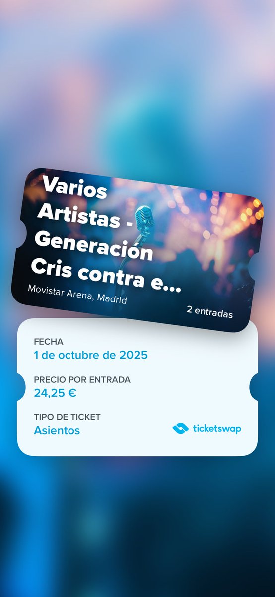 Vendo entrada para concierto benéfico. El importe íntegro que reciba será donado. Generación Cris contra el cáncer ticketswap.com/listing/varios…