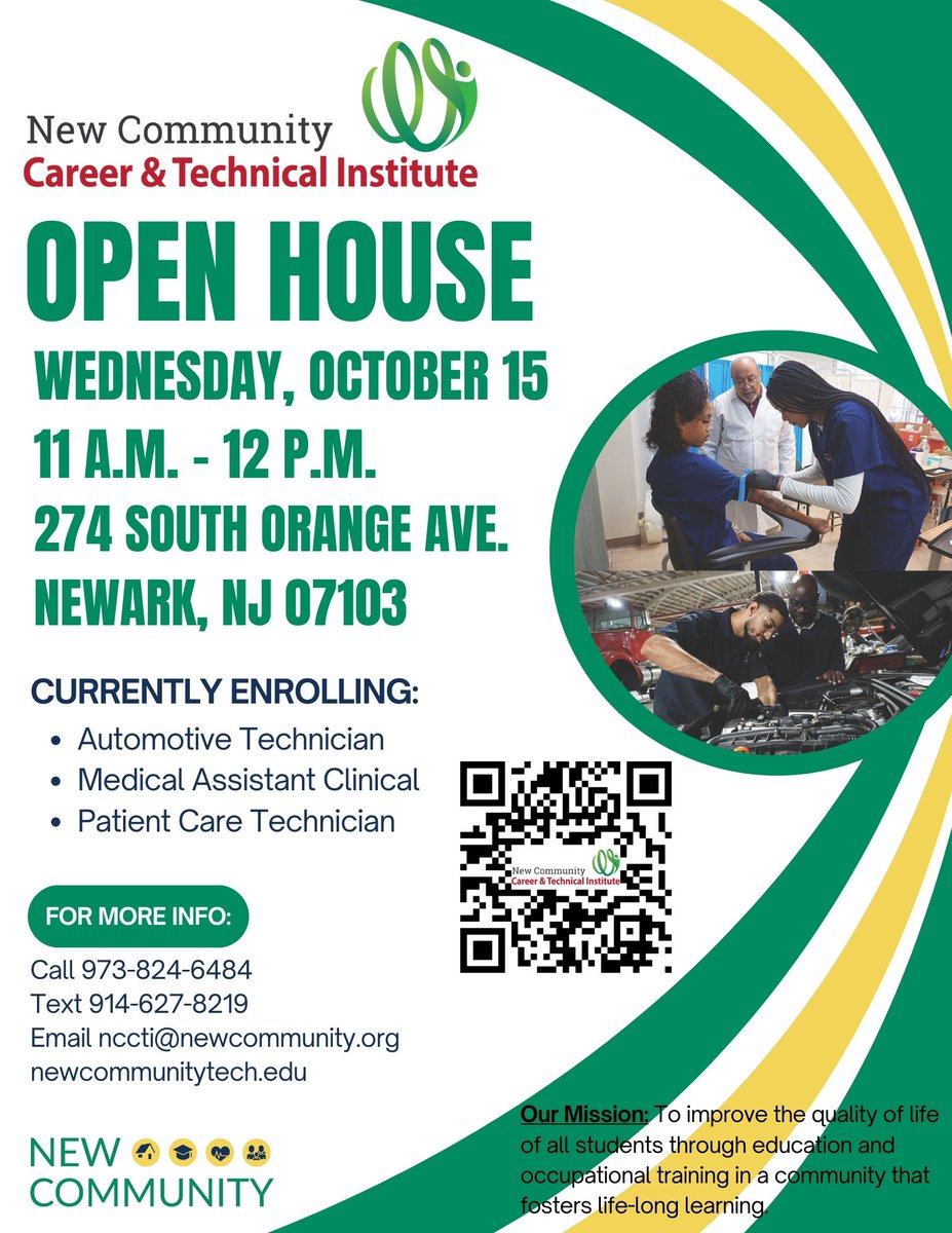 NewCommunityTec's tweet photo. Save the date for our next #openhouse! We look forward to welcoming you to our main campus on Oct. 15 and discussing our accredited post-secondary programs. We'll see you then!
#newark #newarknj #Education #HigherEd #automotive #healthcare #Career #Training #CareerOpportunities https://t.co/Mue6sBBP0l