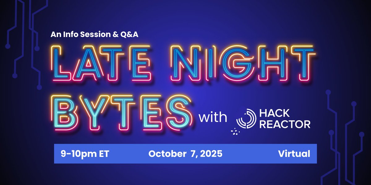 HackReactor's tweet image. Join us for Late Night Bytes, our late-night info session!
Learn how we prep software engineers to thrive in an AI-driven market by blending coding fundamentals with today’s tools.
📅 Tue, 10/7 | 9pm ET
🎁 Live gift drawing
Register: eventbrite.com/e/late-night-b…