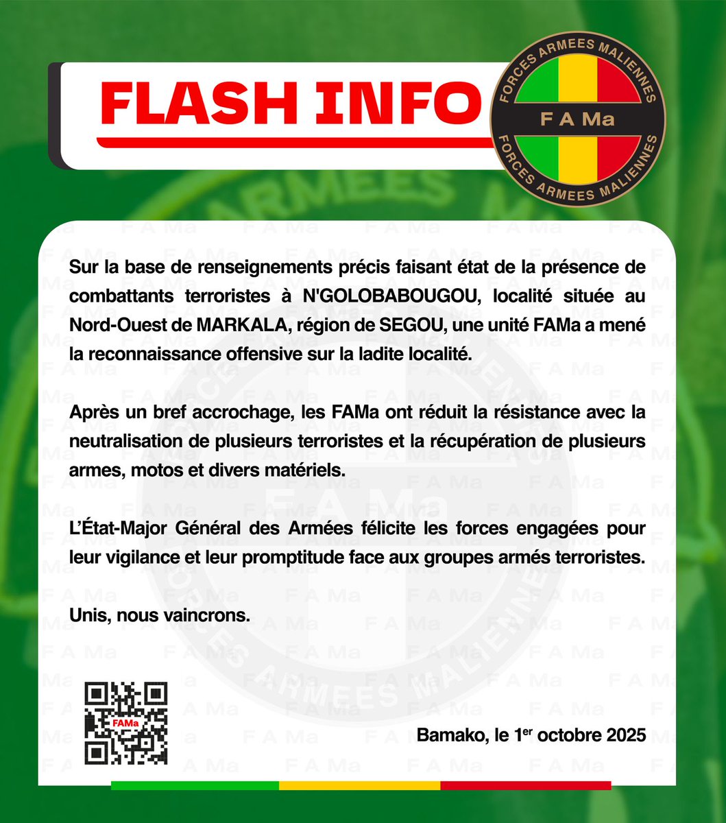 #FlashInfo 
Sur la base de renseignements précis faisant état de la présence de combattants terroristes à NGOLOBABOUGOU, localité située au Nord-Ouest de MARAKALA, région de SEGOU, une unité FAMa a mené la reconnaissance offensive sur ladite localité.