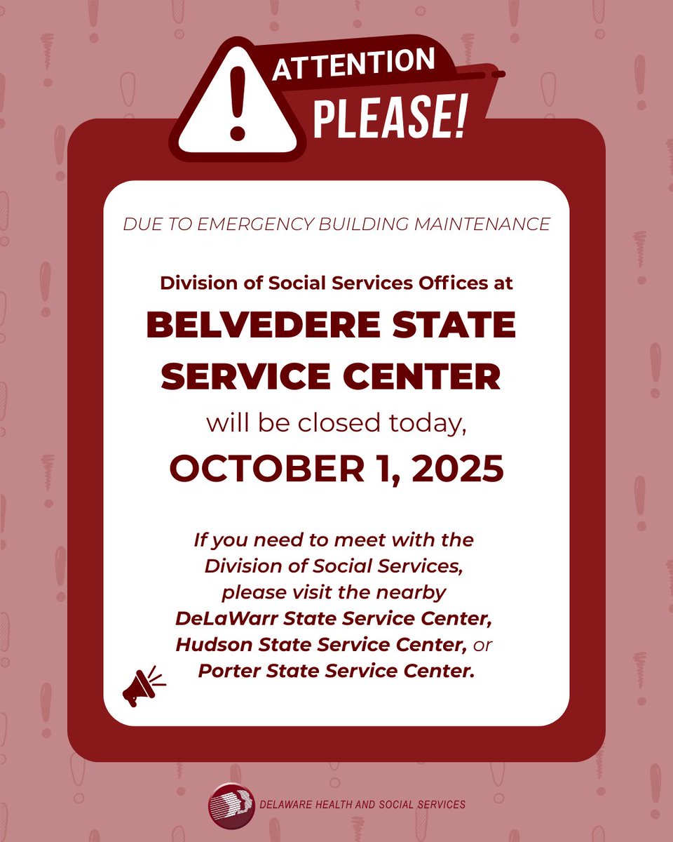 The Division of Social Services offices at Belvedere State Service Center will be closed today, 10/1/25. If you need to meet with DSS, please visit the nearby DeLaWarr, Hudson, or Porter State Service Center.

We apologize for any inconvenience and appreciate your understanding.