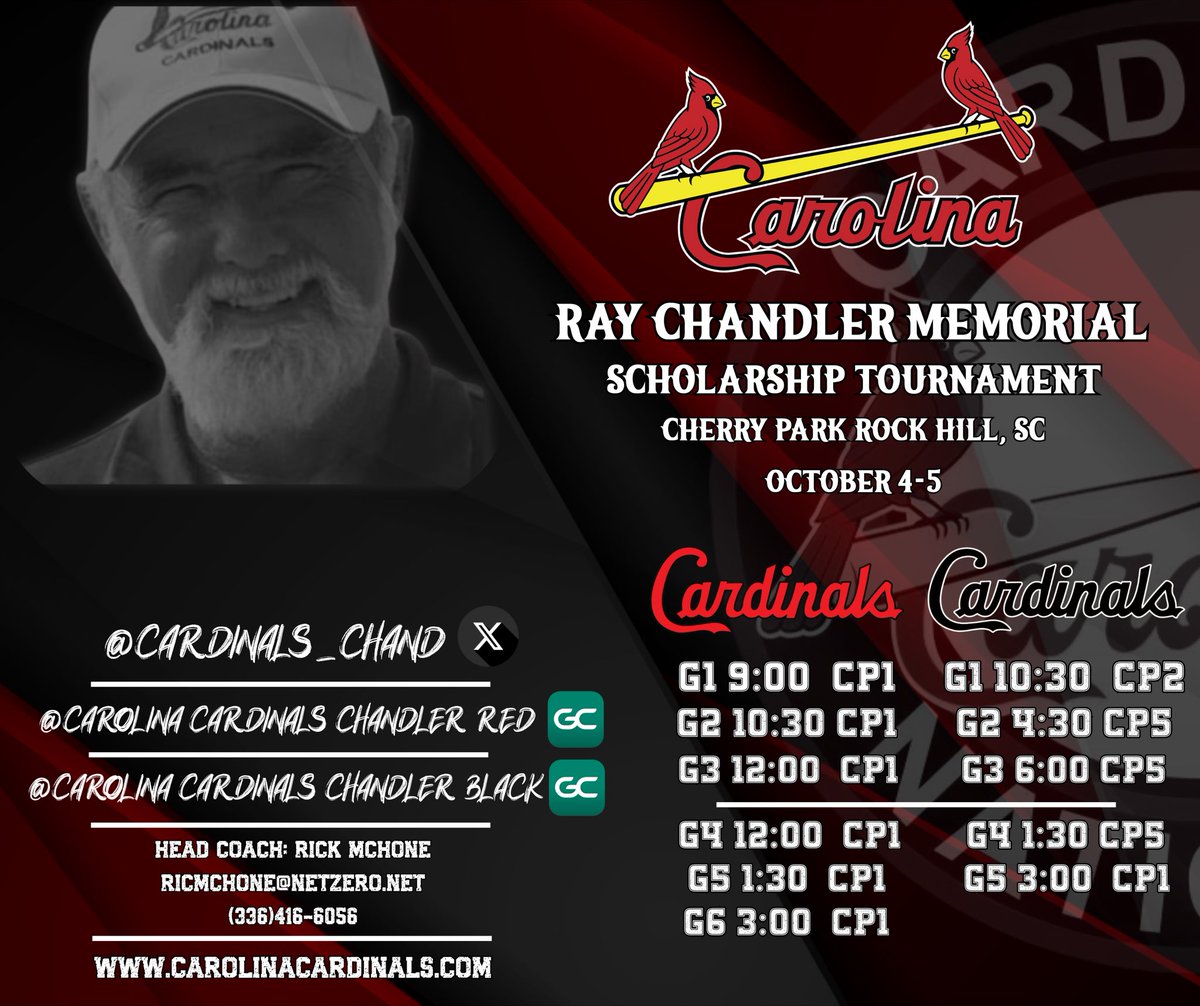 cardinals_chand's tweet photo. Guess who’s back?! 

Join us in Rock Hill this weekend for the Ray Chandler Memorial Scholarship Tournament! 💎

Schedule dropped below! 👇🏼 

Come check us out 😎

#CarolinaCardinalsChandler #PlayForRay https://t.co/wROOz0JBEU