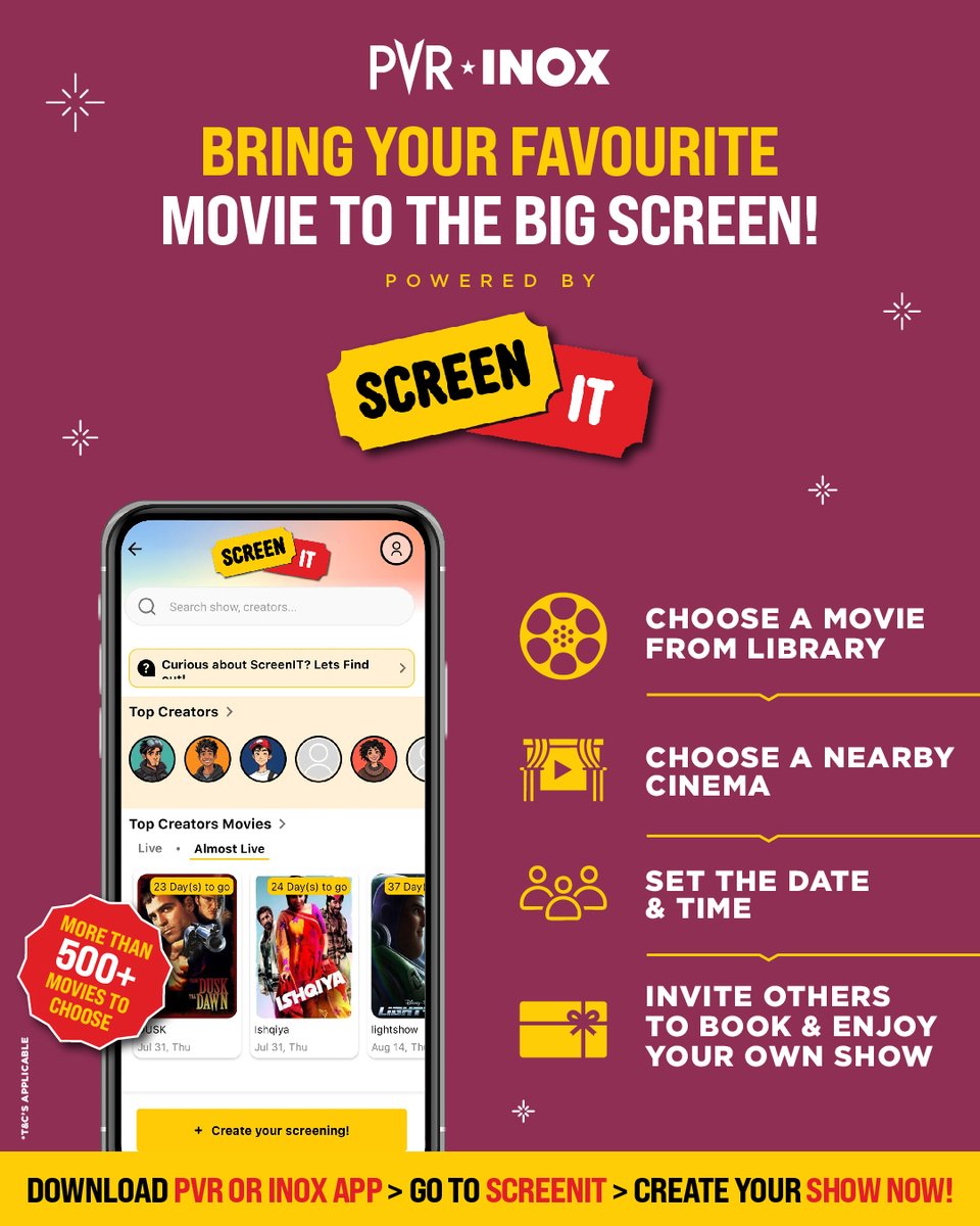 INOXMovies's tweet image. Ever had that moment where the movie you want to watch just doesn’t fit your schedule? 🎬⏳
With #ScreenIT, that problem’s gone. You pick the film, you pick the time and the cinema bends to your plan.

Download the app:  onelink.to/3ueduh
.
.
.
#PVRINOX #ScreenIT…