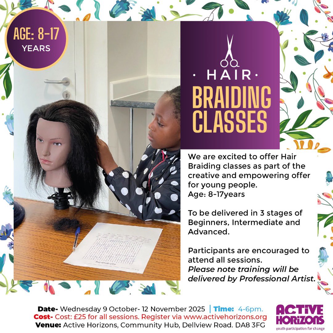 Inspiring creativity. Expression and identity! We are excited to bring the hair braiding classes for young people starting next Wednesday. Register now as spaces are limited activehorizons.org