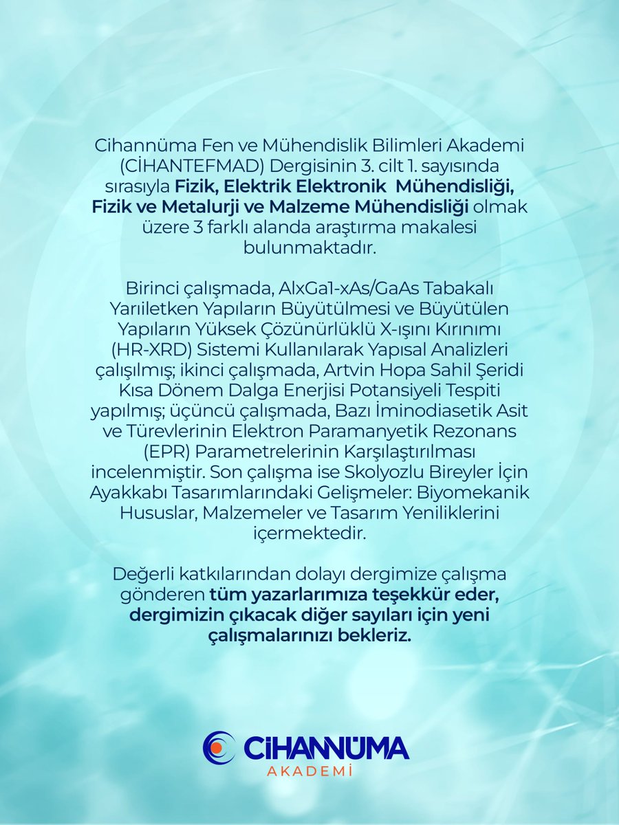 Cihannüma Teknoloji Fen ve Mühendislik bilimleri dergimizin 3. cilt 1. sayısı yayımlandı.

Güncel sayıya dergipark.org.tr/tr/pub/cihante…  adresinden ulaşabilirsiniz.
